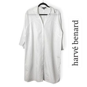 Harve Benard White Long Linen Tunic Button Down Dress Shirt